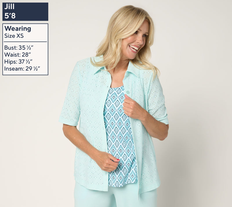 Cuddl Duds Eyelet Button Up Collared Top — View 12