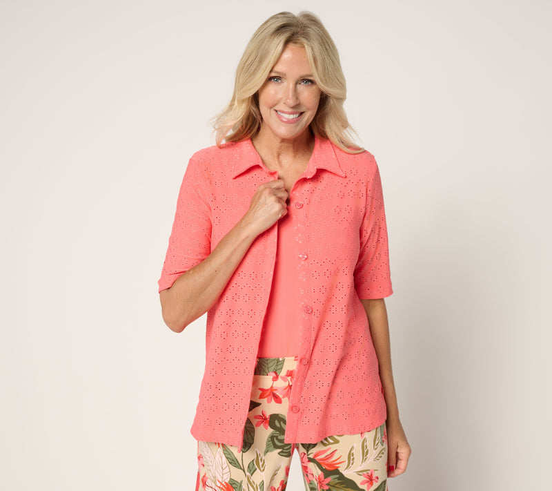 Cuddl Duds Eyelet Button Up Collared Top — View 11