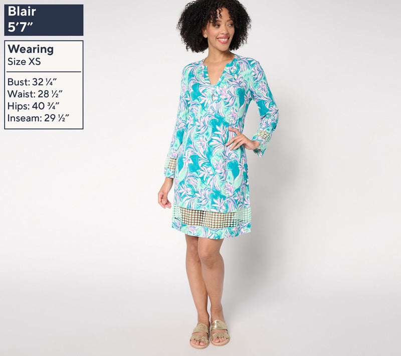 Susan Graver Soleil Petite Printed Dress with Lace Trim — View 13