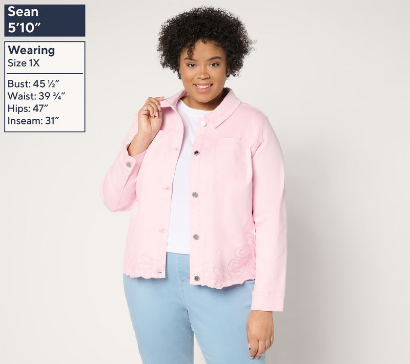 Susan Graver Color Denim Jacket with Soutache — View 10