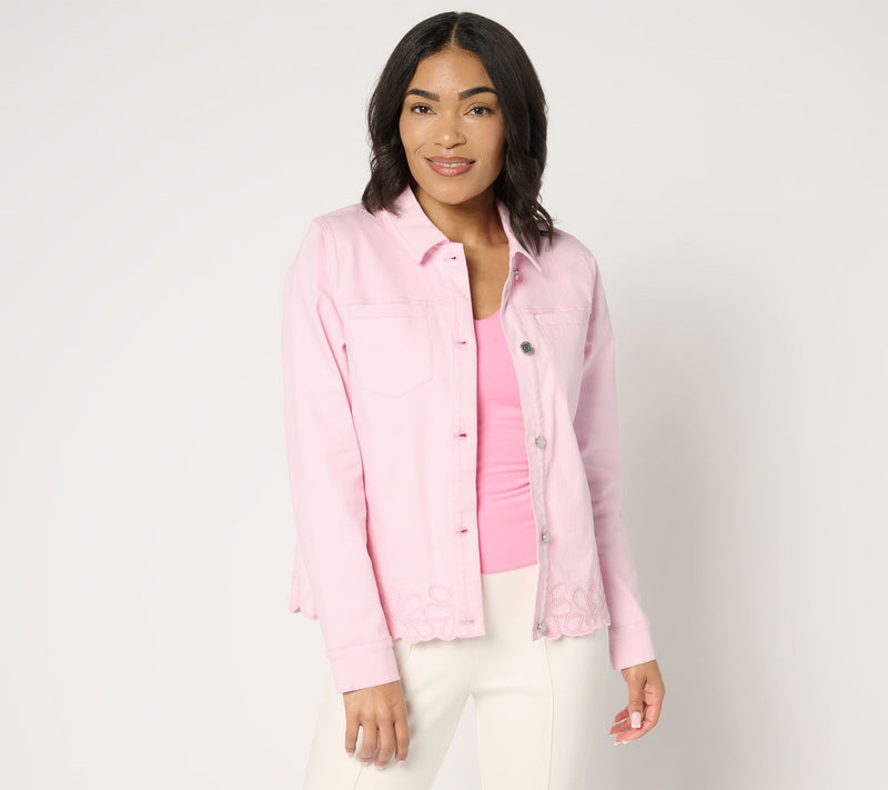 Susan Graver Color Denim Jacket with Soutache — View 7