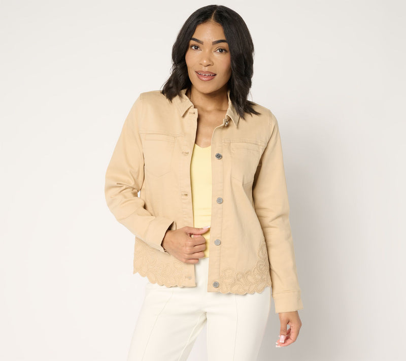 Susan Graver Color Denim Jacket with Soutache — View 9