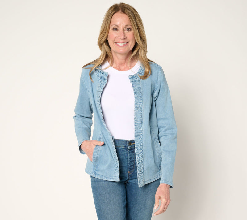 Susan Graver Ruched Front Stretch Denim Jacket — Main view