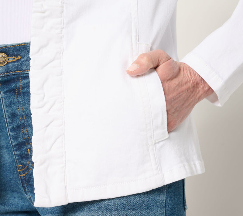 Susan Graver Ruched Front Stretch White Denim Jacket — View 7