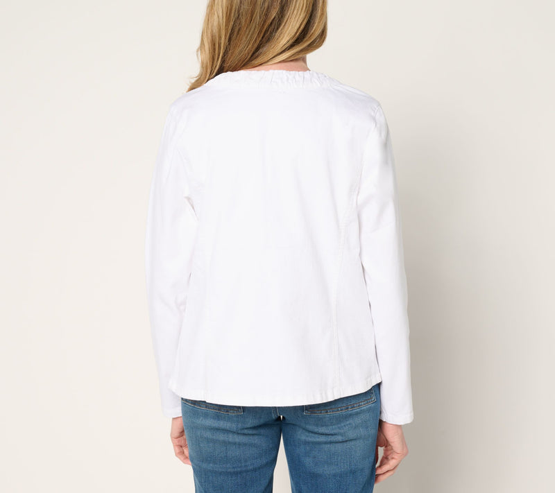 Susan Graver Ruched Front Stretch White Denim Jacket — View 5