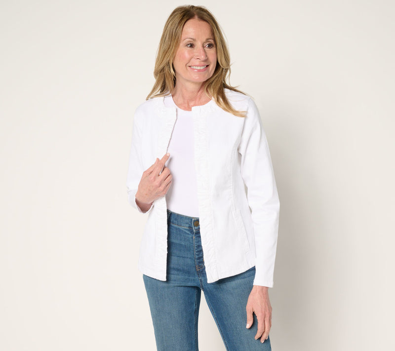 Susan Graver Ruched Front Stretch White Denim Jacket — Main view
