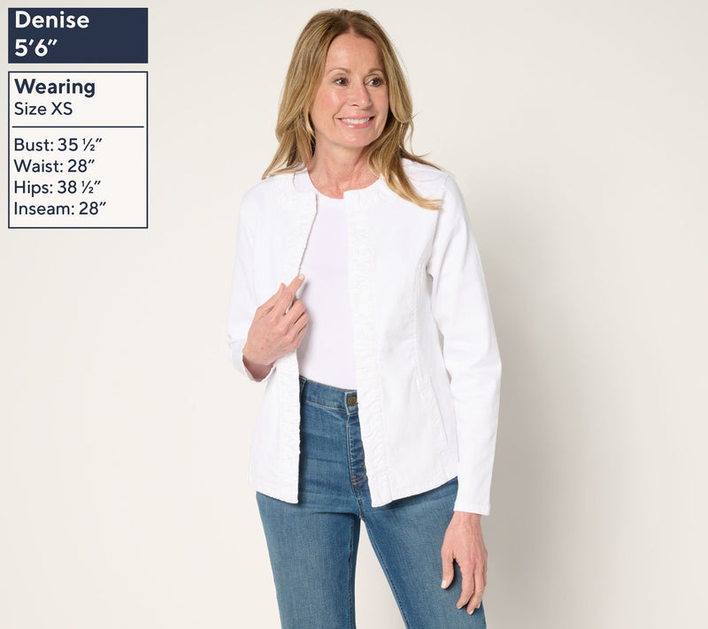 Susan Graver Ruched Front Stretch White Denim Jacket — View 4