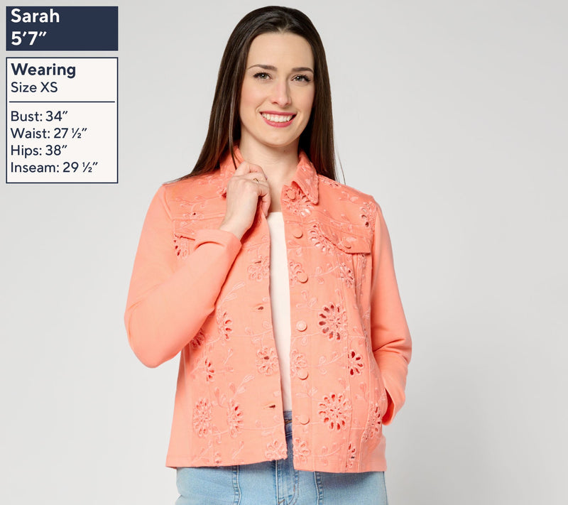 Belle by Kim Gravel Eyelet Jacket w/ Knit Sleeves and Back — View 13