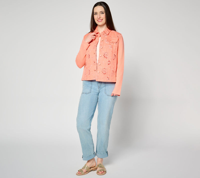 Belle by Kim Gravel Eyelet Jacket w/ Knit Sleeves and Back — View 15