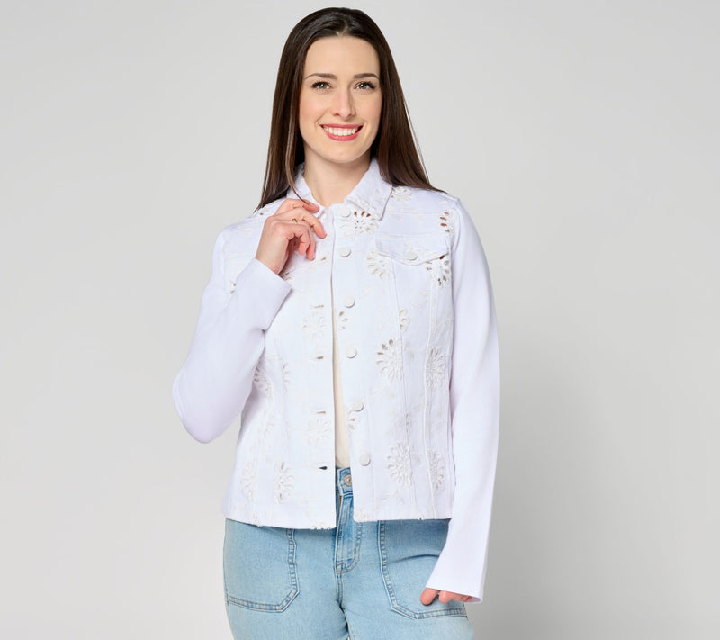 Belle by Kim Gravel Eyelet Jacket w/ Knit Sleeves and Back — View 11