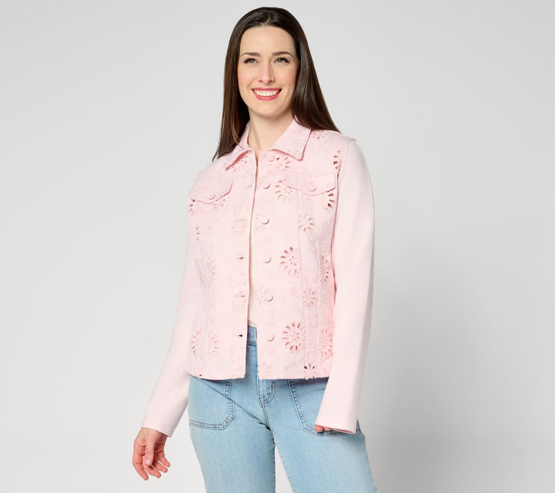 Belle by Kim Gravel Eyelet Jacket w/ Knit Sleeves and Back — Main view
