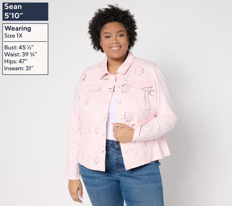 Belle by Kim Gravel Eyelet Jacket w/ Knit Sleeves and Back — View 12