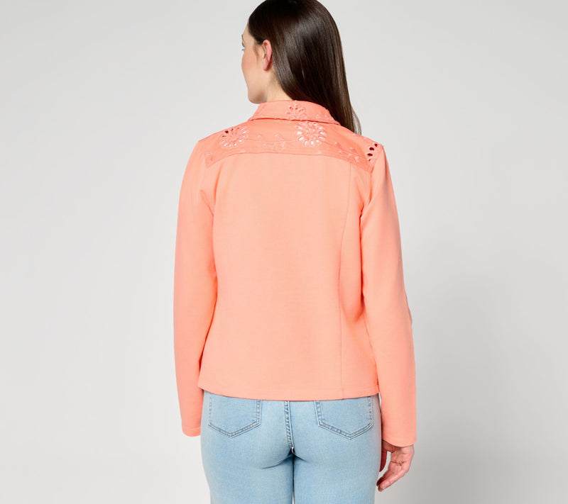 Belle by Kim Gravel Eyelet Jacket w/ Knit Sleeves and Back — View 14