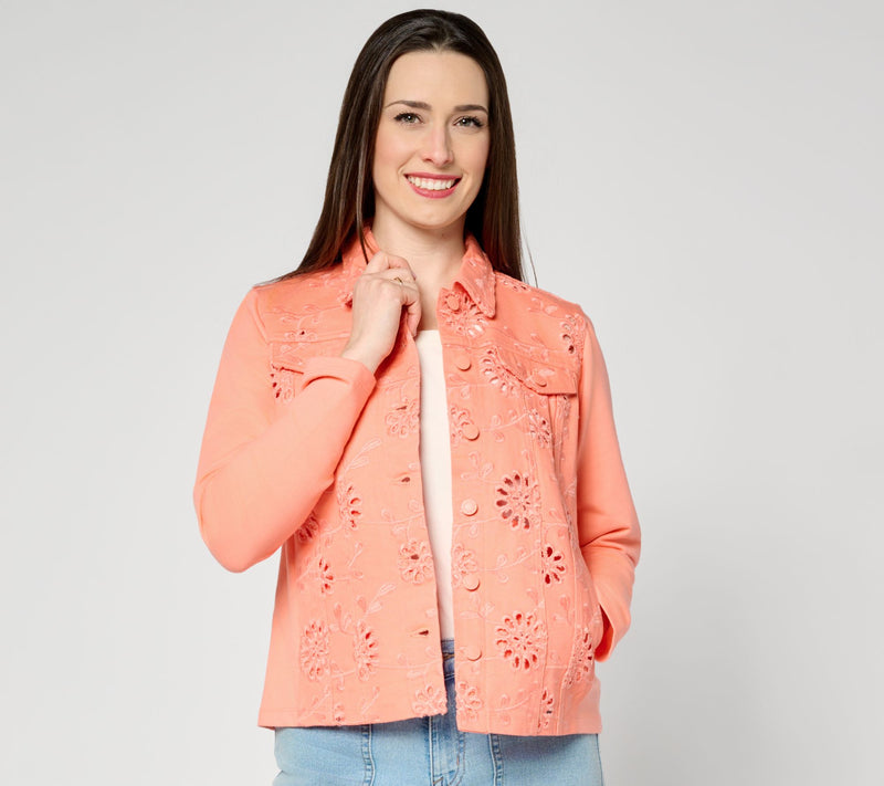 Belle by Kim Gravel Eyelet Jacket w/ Knit Sleeves and Back — View 5