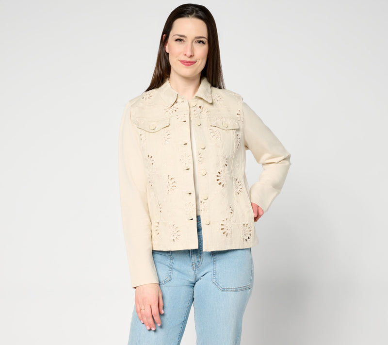 Belle by Kim Gravel Eyelet Jacket w/ Knit Sleeves and Back — View 7