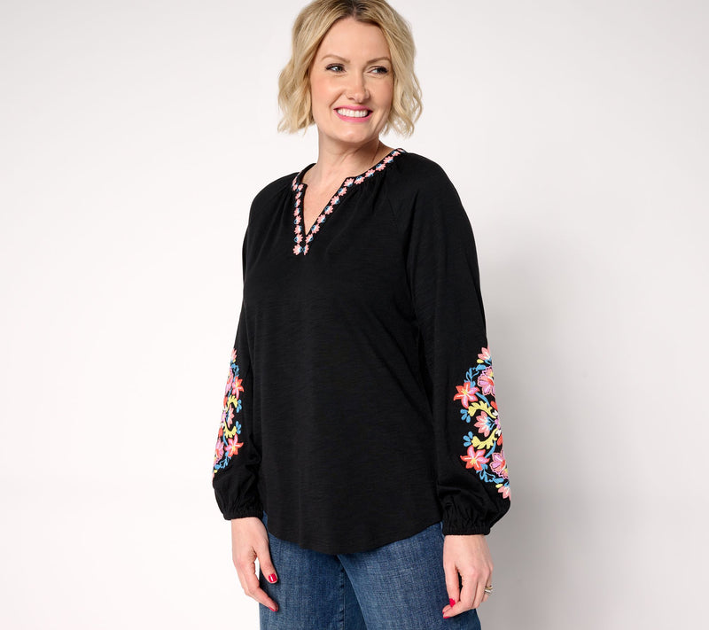 Belle by Kim Gravel Slub Knit Exotique Floral Embroidered Top — View 14