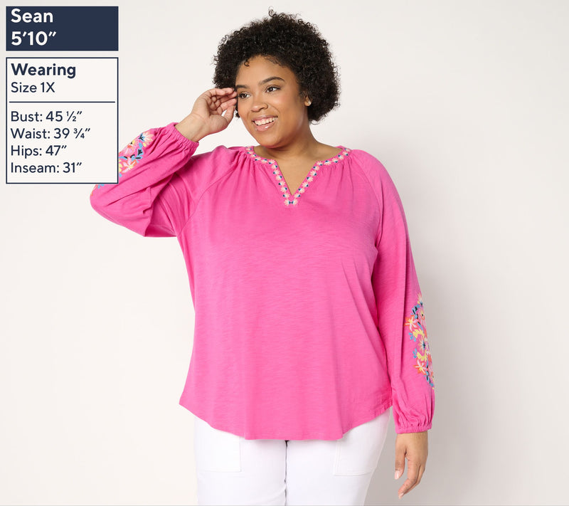 Belle by Kim Gravel Slub Knit Exotique Floral Embroidered Top — View 2