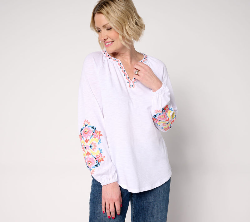 Belle by Kim Gravel Slub Knit Exotique Floral Embroidered Top — View 15
