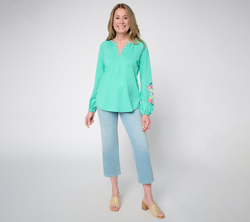 Belle by Kim Gravel Slub Knit Exotique Floral Embroidered Top — View 5