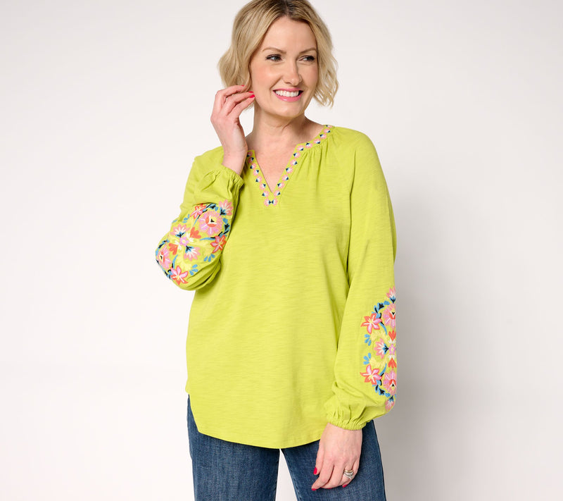 Belle by Kim Gravel Slub Knit Exotique Floral Embroidered Top — View 17