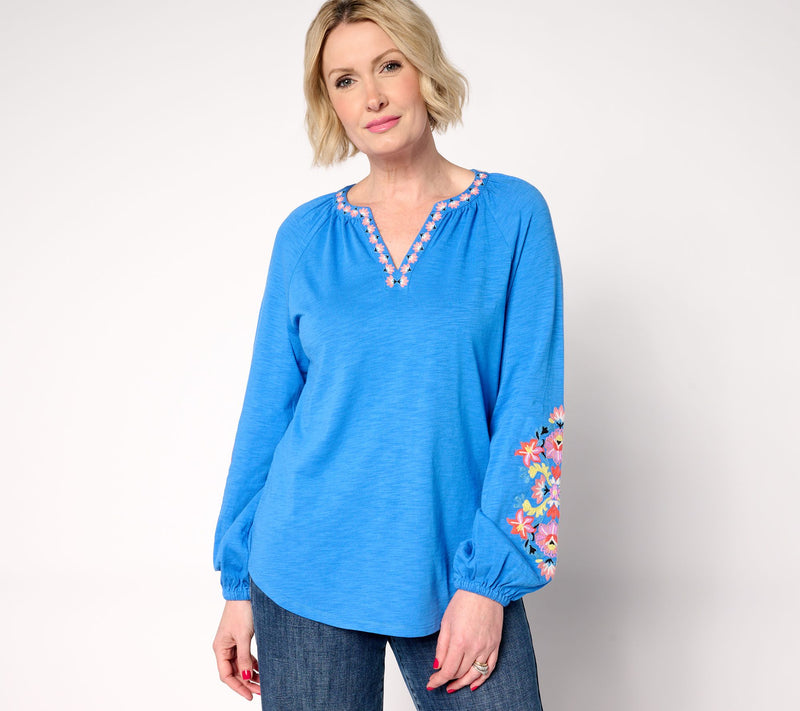 Belle by Kim Gravel Slub Knit Exotique Floral Embroidered Top — View 19