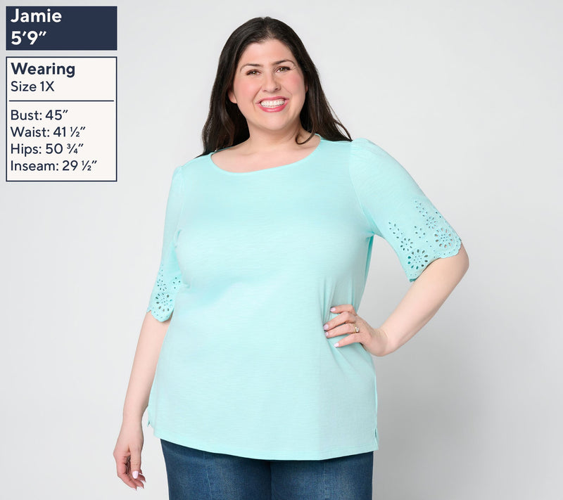 Belle by Kim Gravel Slub Knit Scallop Sleeve Boatneck Top — View 2