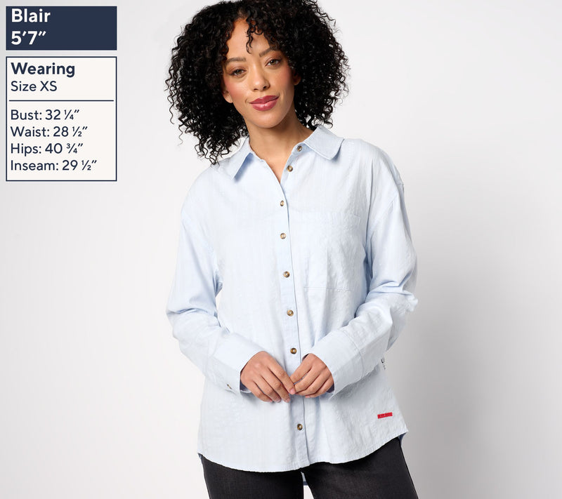 Peace Love World Graphic Back Seersucker Button-Front Top — View 9