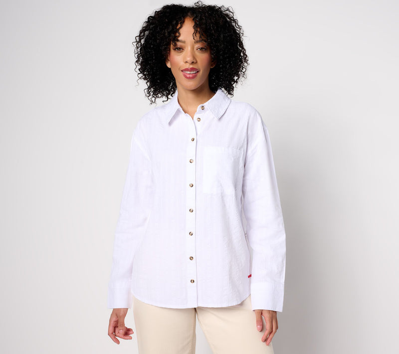 Peace Love World Graphic Back Seersucker Button-Front Top — View 5