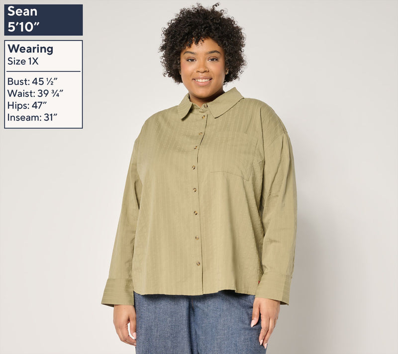 Peace Love World Graphic Back Seersucker Button-Front Top — View 8