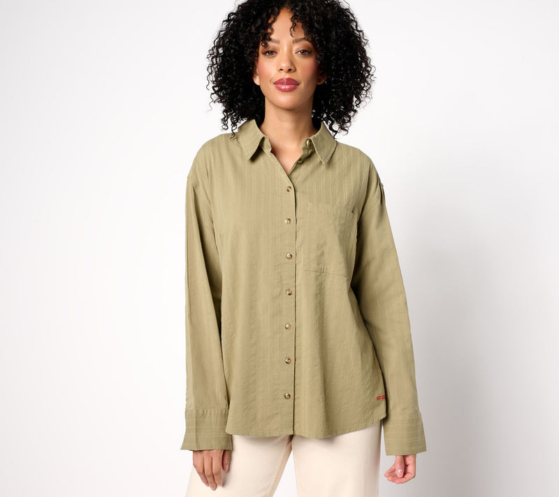 Peace Love World Graphic Back Seersucker Button-Front Top — View 7