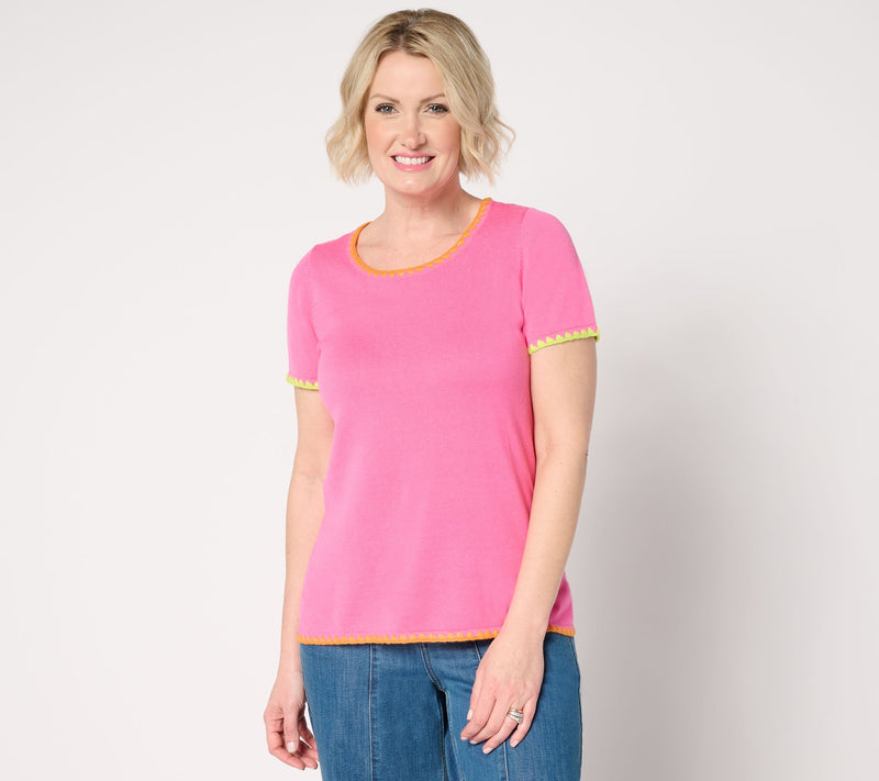 Belle by Kim Gravel Two Color Crochet Trim Sweater — View 13