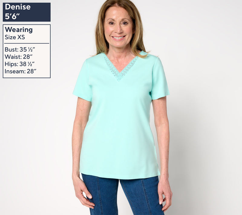 Belle by Kim Gravel Primabelle Knit Crochet Trim V-Neck Top — View 15