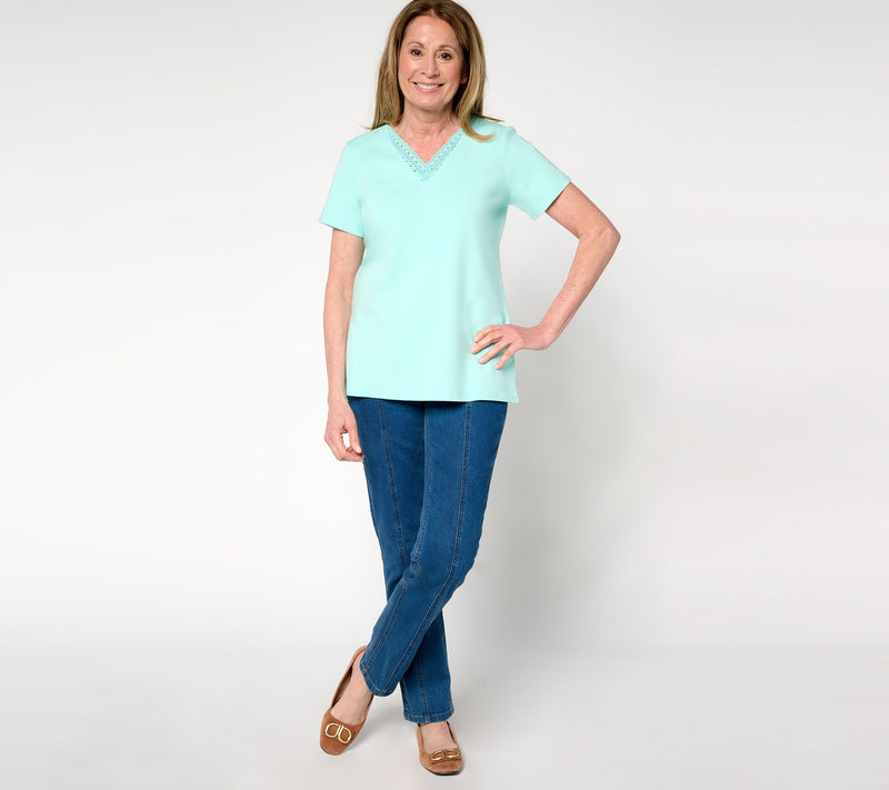 Belle by Kim Gravel Primabelle Knit Crochet Trim V-Neck Top — View 17