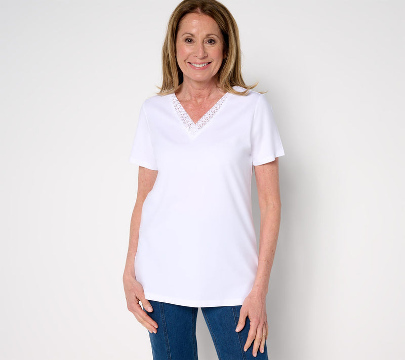 Belle by Kim Gravel Primabelle Knit Crochet Trim V-Neck Top — View 7