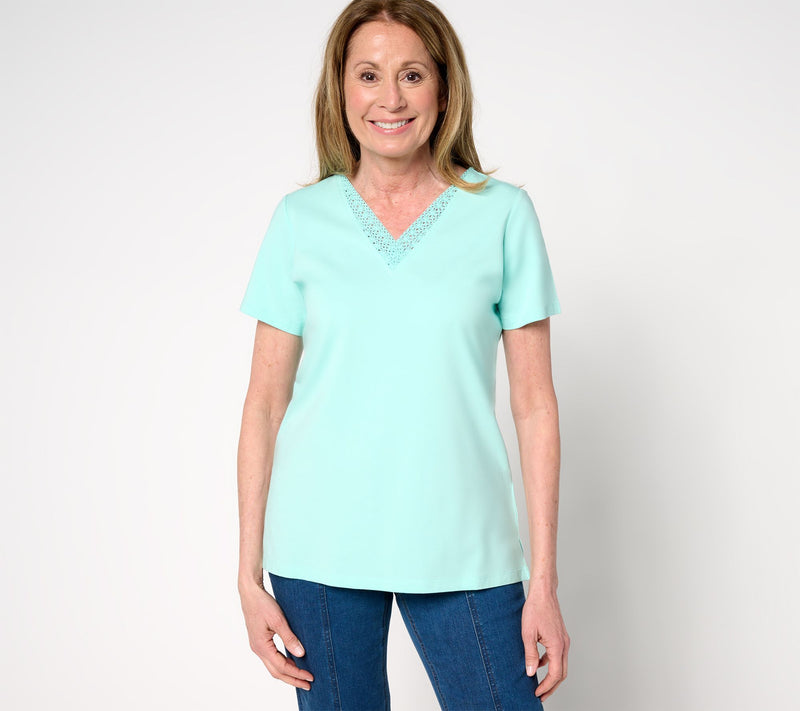 Belle by Kim Gravel Primabelle Knit Crochet Trim V-Neck Top — View 13