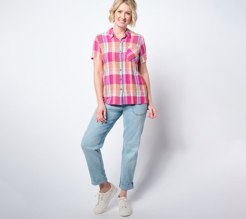 Belle by Kim Gravel Preppy Plaid Camp Shirt — View 5