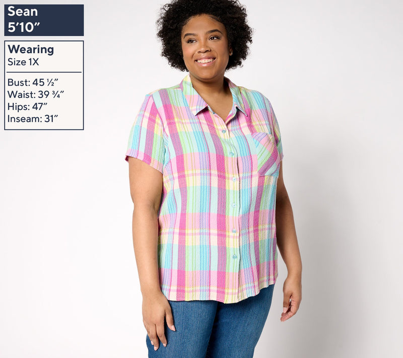 Belle by Kim Gravel Preppy Plaid Camp Shirt — View 2