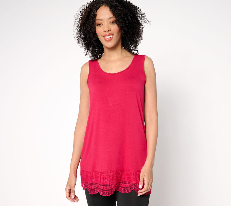 LOGO Layers by Lori Goldstein Knit Tank with Lace Trim — View 3