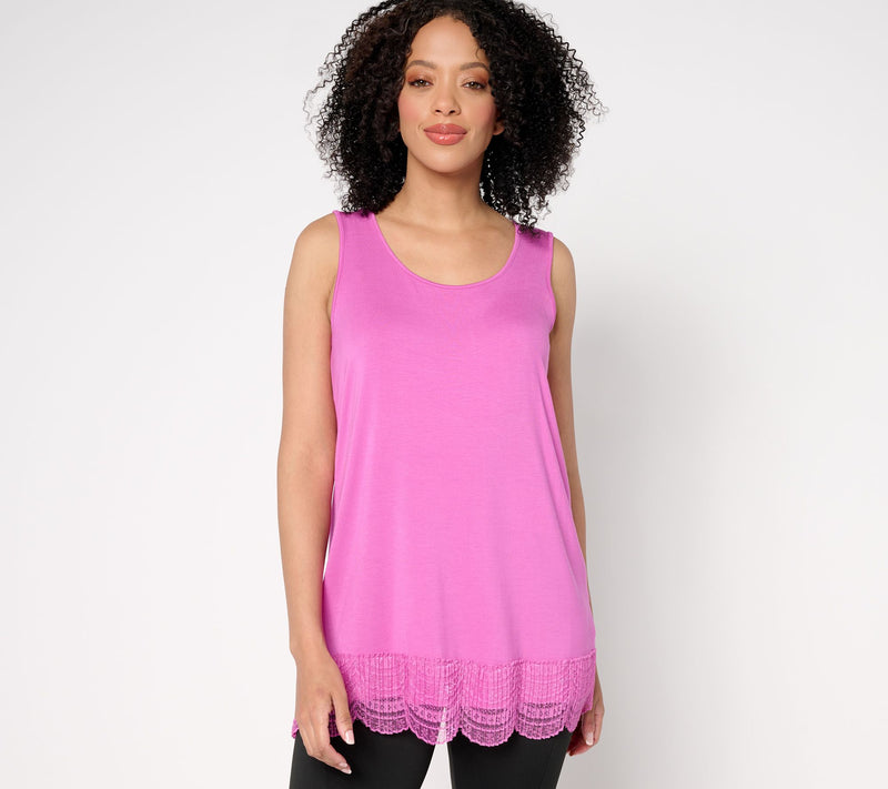 LOGO Layers by Lori Goldstein Knit Tank with Lace Trim — View 9