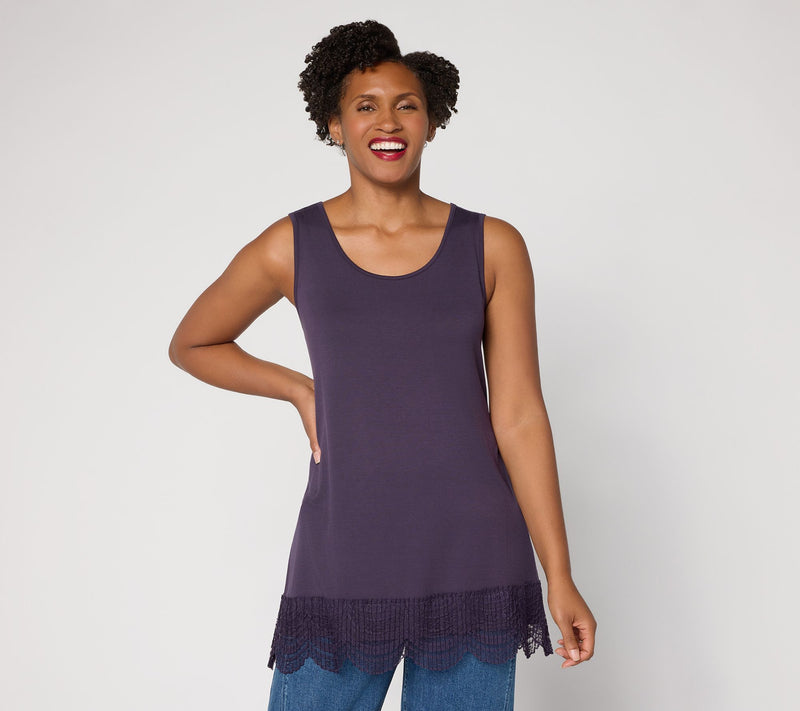 LOGO Layers by Lori Goldstein Knit Tank with Lace Trim — View 27