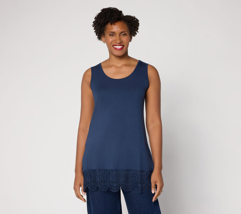LOGO Layers by Lori Goldstein Knit Tank with Lace Trim — View 28