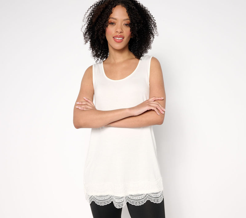 LOGO Layers by Lori Goldstein Knit Tank with Lace Trim — View 13
