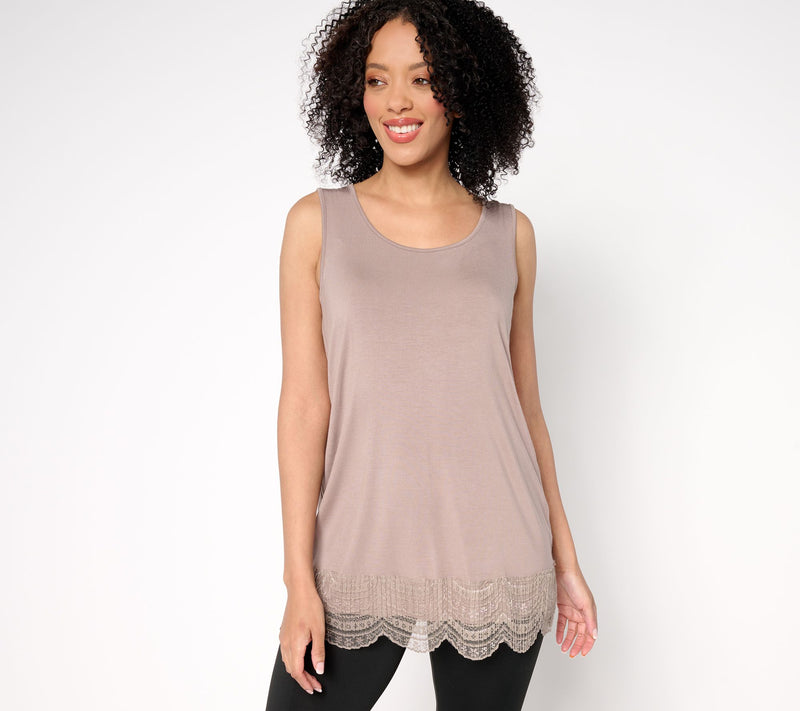 LOGO Layers by Lori Goldstein Knit Tank with Lace Trim — View 17