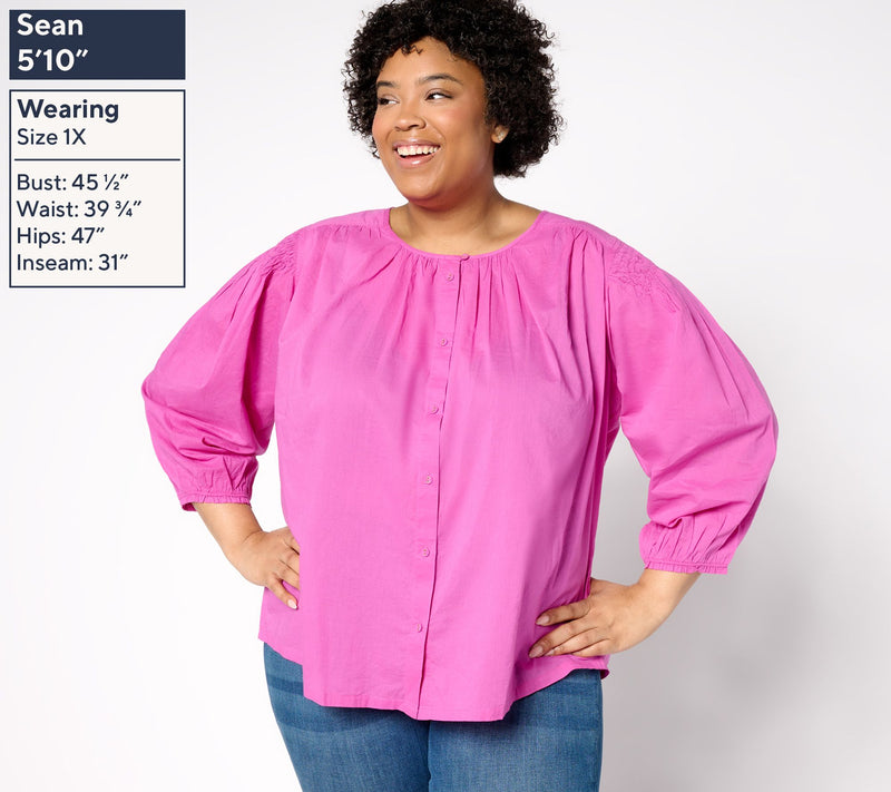 LOGO by Lori Goldstein 100% Cotton Button-Front Shirred Blouse — View 2
