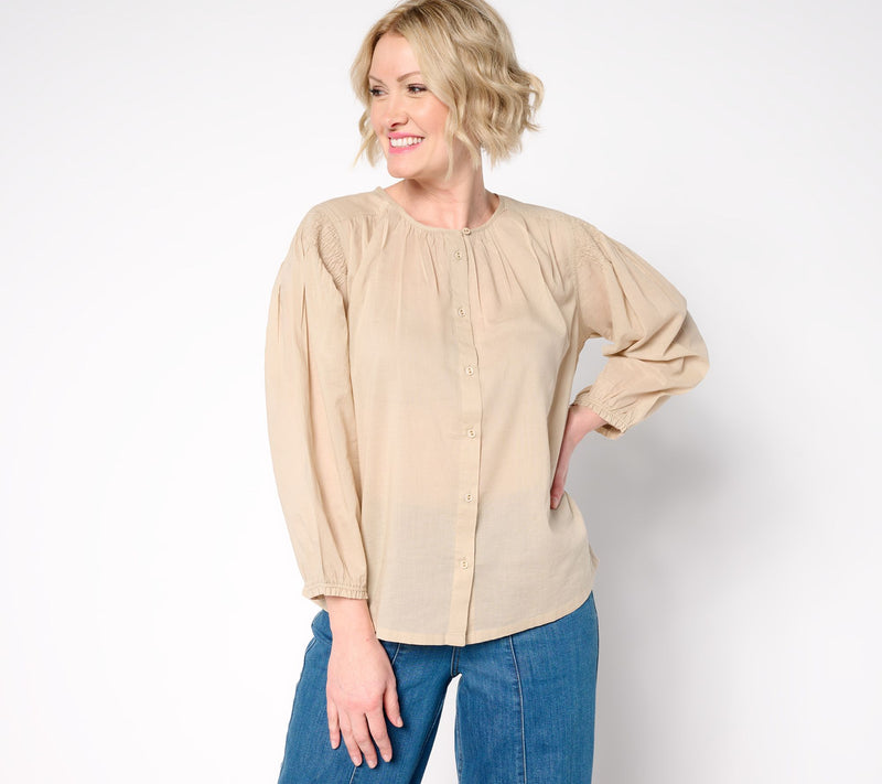 LOGO by Lori Goldstein 100% Cotton Button-Front Shirred Blouse — View 12