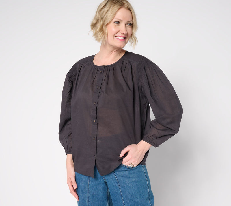 LOGO by Lori Goldstein 100% Cotton Button-Front Shirred Blouse — View 13
