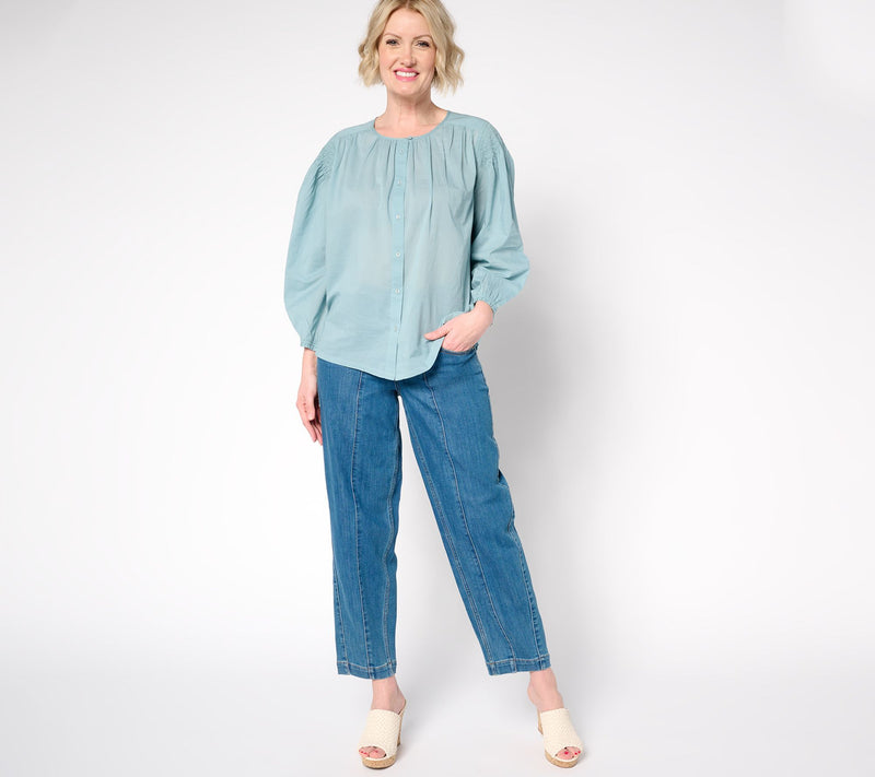 LOGO by Lori Goldstein 100% Cotton Button-Front Shirred Blouse — View 5