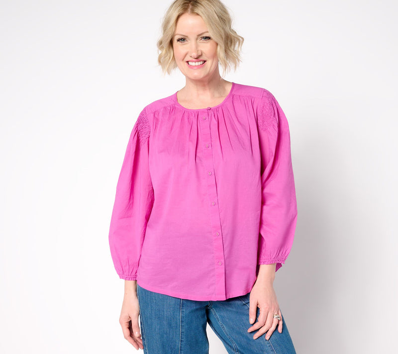 LOGO by Lori Goldstein 100% Cotton Button-Front Shirred Blouse — View 14