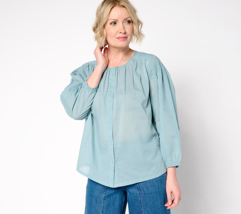 LOGO by Lori Goldstein 100% Cotton Button-Front Shirred Blouse — View 15