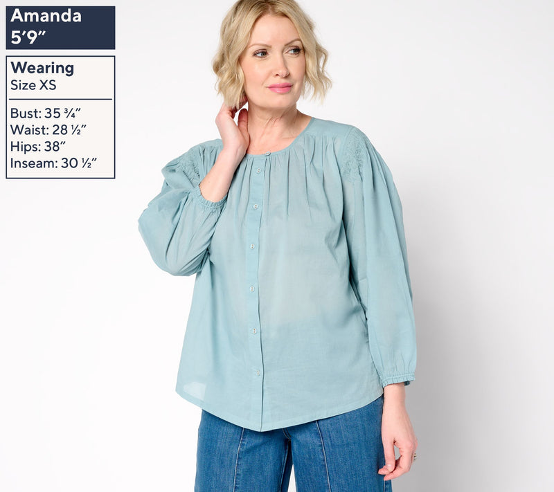 LOGO by Lori Goldstein 100% Cotton Button-Front Shirred Blouse — View 3